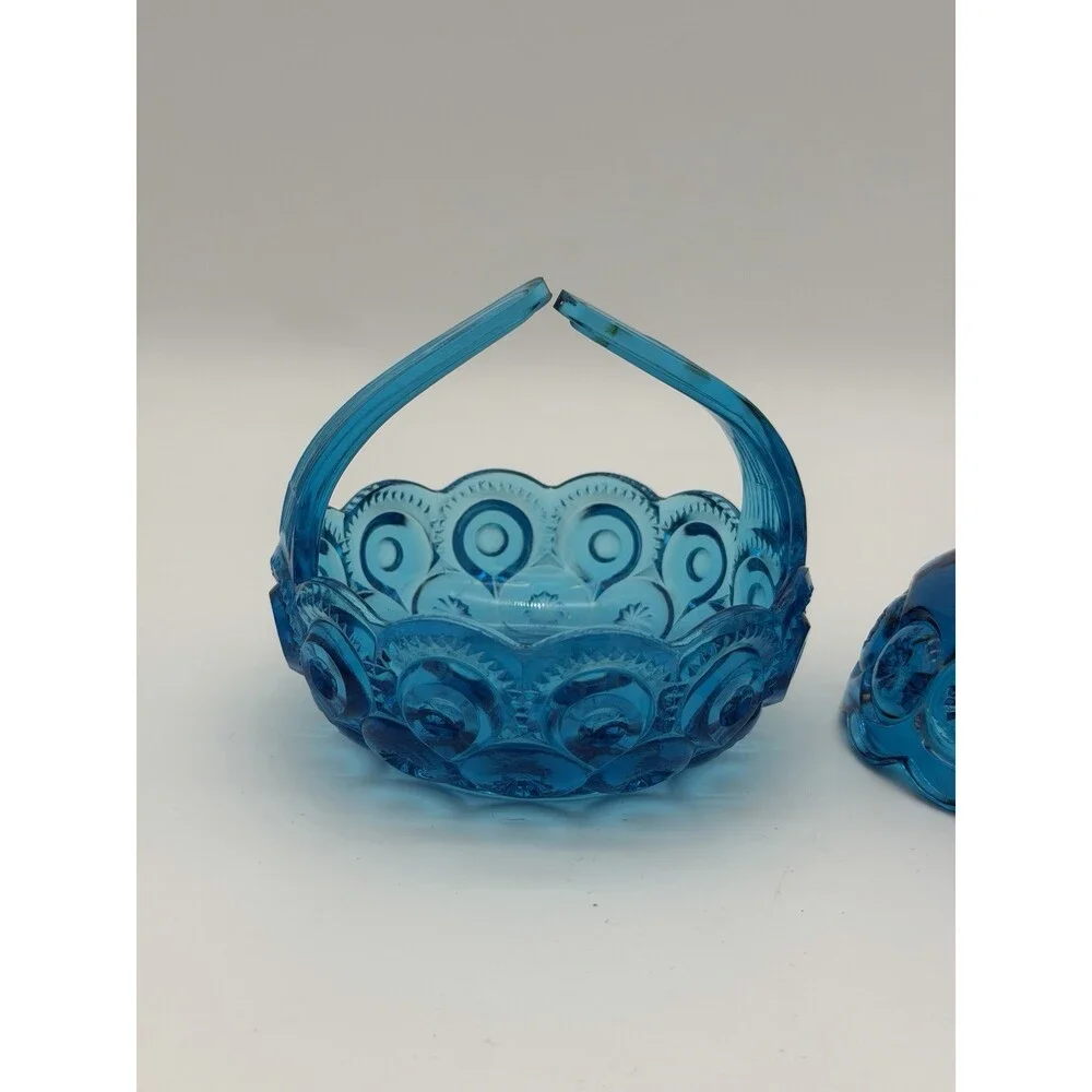 MCM LE Smith Moon & Stars Art glass basket & Candleholder colonial blue Set